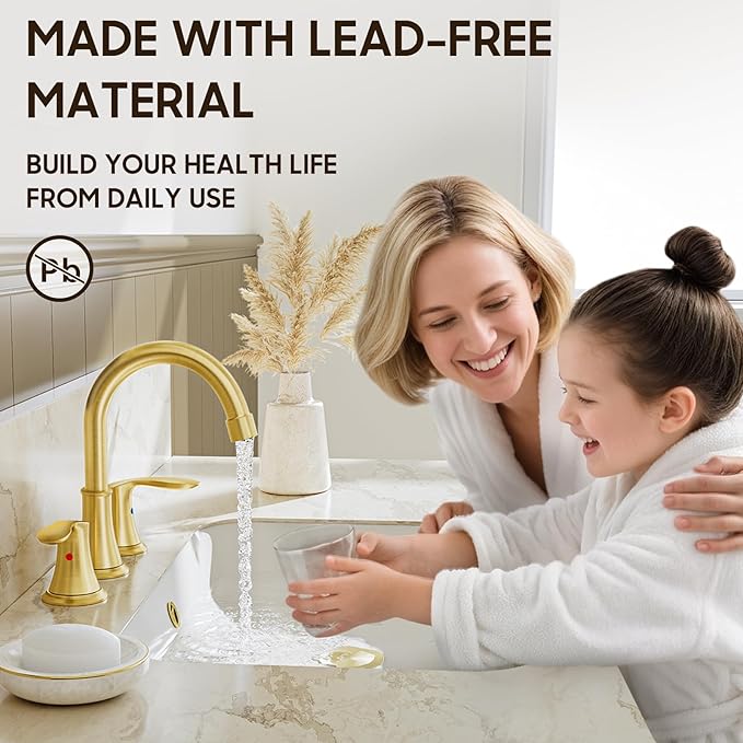 Phiestina Brushed Gold Widespread 8 Inch 3 Holes Bathroom Faucet 2 Pack,2 Handles Modern Bathroom Sink Faucet with Metal Pop-Up Drain & Water Supply Line, WFTY36-BG-2PACK
