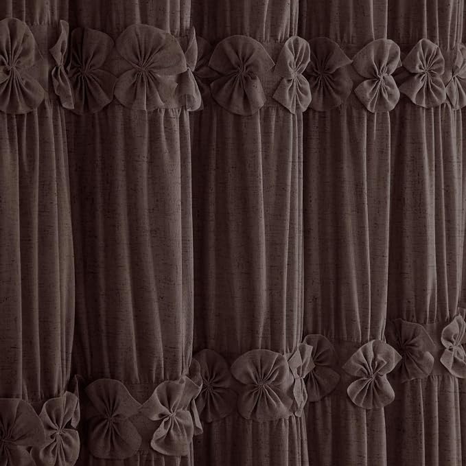 Ruffle Farmhouse Linen Shower Curtain with Vintage Bow Brown 72" W x 72" H | Linen Blend Fabric, Ruffle Bow and Ruffled Hem，Linen Texture，Machine Washable，12 Metal Holes and Plastic Hooks