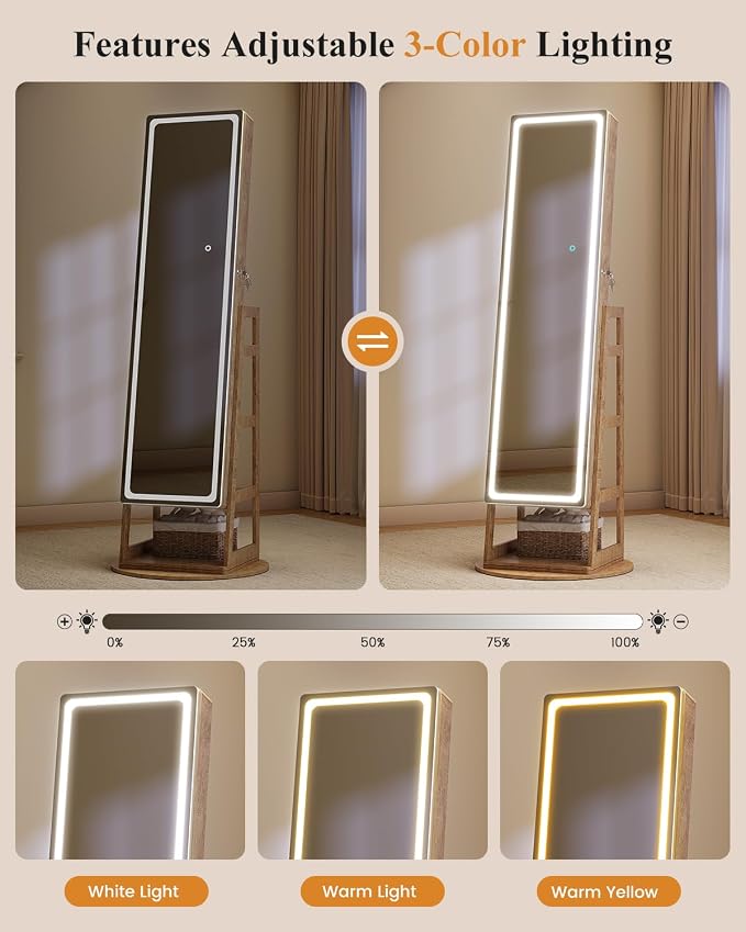 LVSOMT Standing Jewelry Cabinet Mirror with Adjustable LED Light Wood | 63" Lockable Jewelry Armoire Organizer with 4 Rear Shelves & Hooks, 360° Swivel, for Bedroom, Living Room, Women Girls Gift