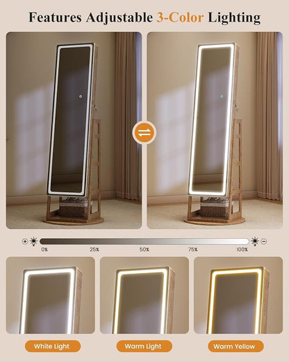 LVSOMT Standing Jewelry Cabinet Mirror with Adjustable LED Light Wood | 63" Lockable Jewelry Armoire Organizer with 4 Rear Shelves & Hooks, 360° Swivel, for Bedroom, Living Room, Women Girls Gift