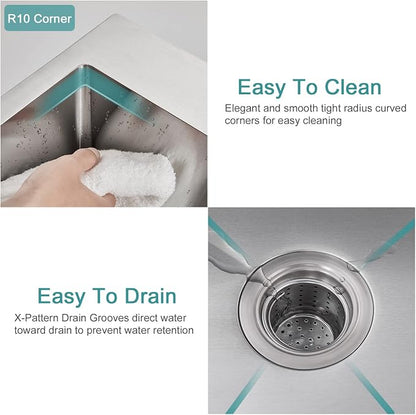 Brushed Topmount Kitchen Sink - 13”×15” Single Bowl Sink | 8 Inch Deep Handmade Bar Sink with Strainer, Stainless Steel 304, Center Drain, X-Groove Drainage, Sound-Dampening Pad