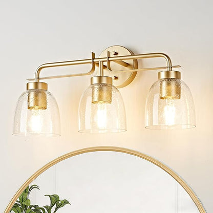 3-Light Bathroom Vanity Light Fixtures, 21 Inch Modern Industrial Golden Vanity Lights for Bathroom Light Fixtures with Bell Bubble Glass Shade Wall Sconce for Mirror, Bedroom, Hallway