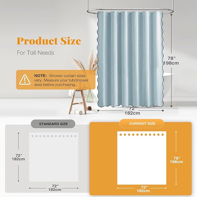 BTTN 78 Long Shower Curtain, Boho Scalloped Linen Textured Thick Cloth Shower Curtain Set with 12 Hooks, Tall Modern Decorative Waterproof Washable Fabric Shower Curtains for Bathroom, 72x78, Fog Blue