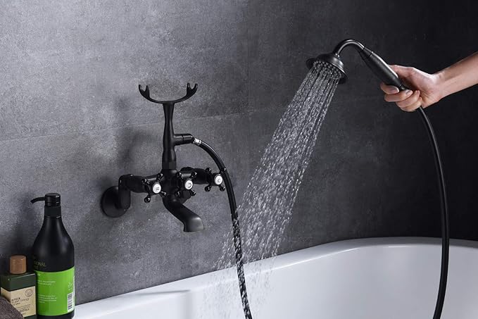 sumerain Vintage Wall Mount Clawfoot Tub Faucet Matte Black with Hand Shower, 3" to 9" Adjustable Holes Distance