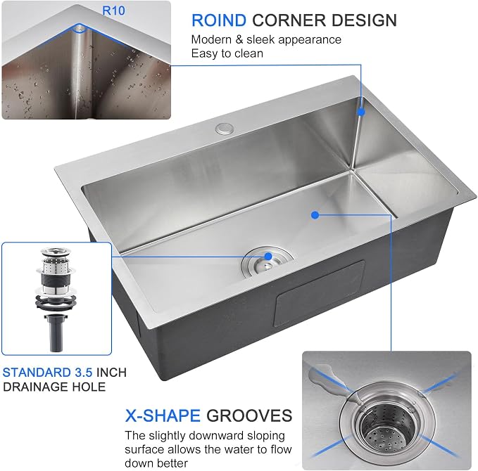 28"x18" Drop-In Kitchen Sink 304 Stainless Steel Brushed | 28 inch Drop in Sink | 304 SS Handmade | Topmount | 9" Deep Bowl | Drain Kit Included | Family Kitchen/Prep | Large Capacity