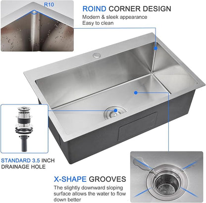 28"x18" Drop-In Kitchen Sink 304 Stainless Steel Brushed | 28 inch Drop in Sink | 304 SS Handmade | Topmount | 9" Deep Bowl | Drain Kit Included | Family Kitchen/Prep | Large Capacity