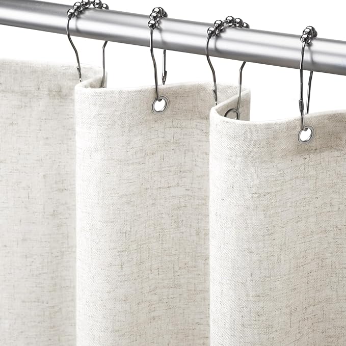 Linen Shower Curtain Ivory White, Fabric Boho Farmhouse Shower Curtains for Bathroom Cotton Natural Cloth Liner Set 72" W x 72" L