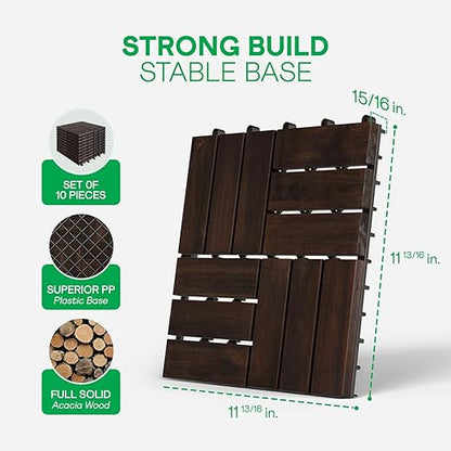 IDZO Interlocking Deck Tiles - 10PCS Waterproof Acacia Wood Patio Tiles, Flooring Tiles for Both Indoor and Outdoor - Decking Checker Pattern, 12 x 12 x 0.9 Inches, Dark Brown