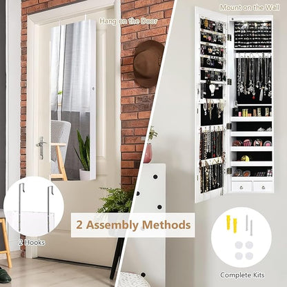 Moccha Wall Door Jewelry Armoire, Full Screen Jewelry Cabinet for Bedroom, Lockable Jewelry Cabinet, Jewelry Organizer Storage with 2 LED Lights and 2 Drawers, White
