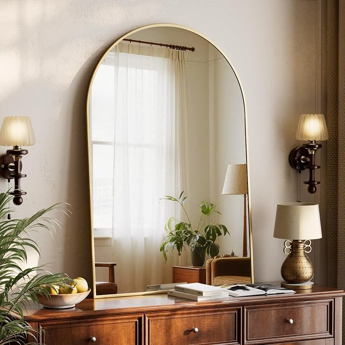 XRAMFY 32"x48" Arched Bathroom Mirror with Aluminum Frame Arched Wall Mounted Vanity Mirror for Entryway, Bedroom, Living Room, Gold