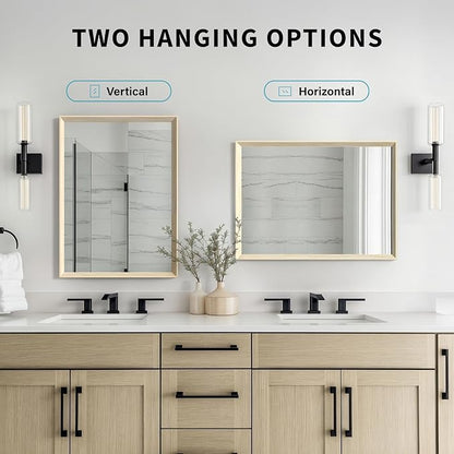 Oak Wood Effect Framed Wall Mirror, 36x40 Rectangle Mirror, Anti-desilvering Tempered Glass, Sustainable& Sturdy Frame, Anti-Rust, HD Reflection &3min Fast Setup for Bathroom Living Room