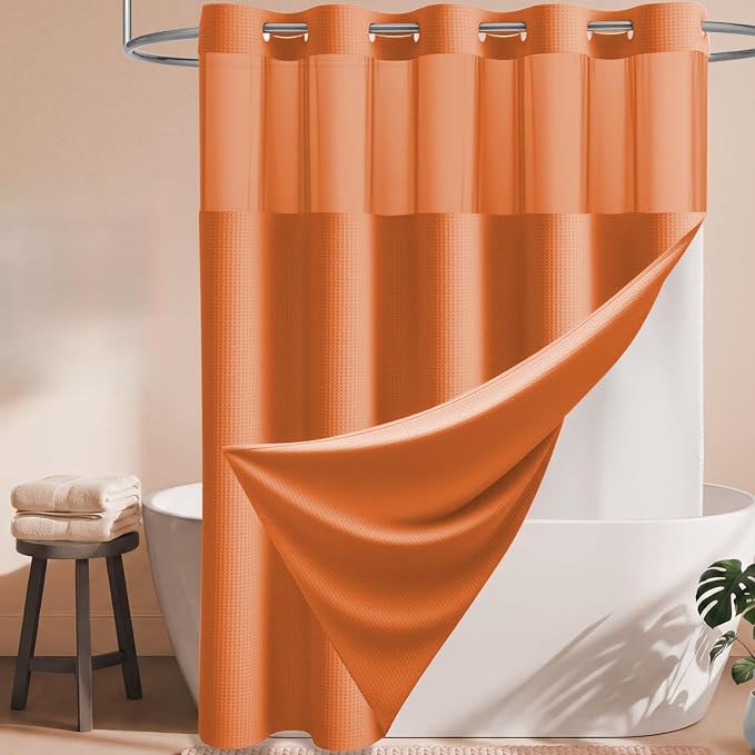 Burnt Orange Hook Free Waffle Shower Curtain & Snap-in Liner,72x81 | Less Time to install, 3 in 1 Fabric Shower Curtain and Liner Set with Magnets, Long, Shower Curtains for Bathroom
