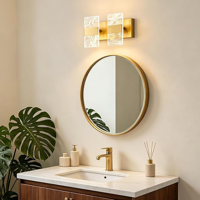 Modern LED Bathroom Light Fixtures Dimmable 2-Light Gold Vanity Light | 5CCT Adjustable Lighting, Smoked Acrylic LED Vanity Lights, Wall Sconces for Bathroom, Dimmable 6000K
