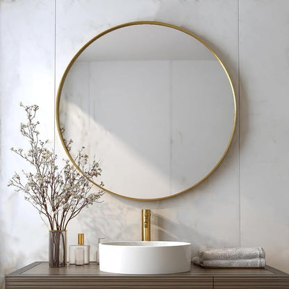 Gold Round Mirror 34 inch, Circle Wall Mirror, Matte Metal Frame | Brushed Gold Metal Frame, High Definition Mirror, Rust-resistant,, Suitable for Bedroom, Hallway, Entryway, Living Room