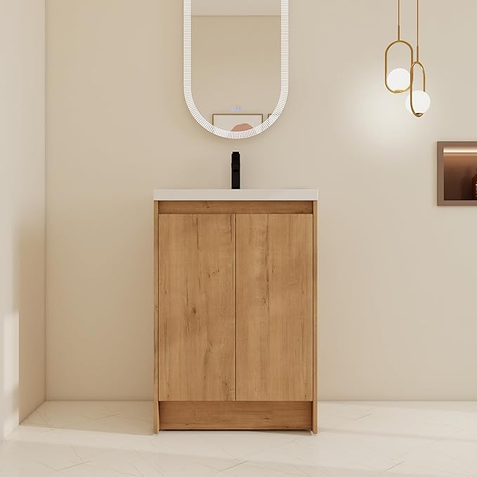 24" Bathroom Vanity with Sink, 24 Inch Freestanding Vanity, Single Resin Sink Floor Stand Bathroom Sink Cabinet with 2 Doors, Imitative Oak (Space-Saving for Small Bathrooms)