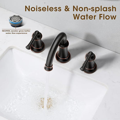 Rustic Oil Rubbed Bronze Bathroom Faucet, 360° Rotatable Spout, 2 Handles, 3 Hole Widespread, Pop Up Drain & Supply Lines Included, Antique Style (L2304-ORB)