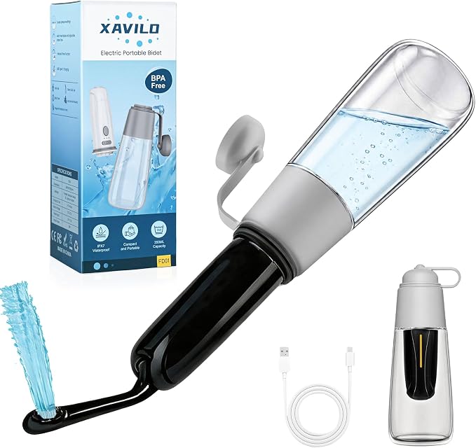 Xavilo Travel Portable Electric Bidet, 3 Pressure Levels & 2 Spray Modes | 150° Foldable Nozzle, 350ml Tank, 100 Uses/Charge, 60°C Warm Water Safe, IPX7 Waterproof, Handheld Sprayer for Home & Camping