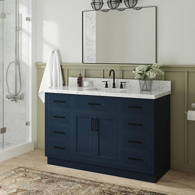 DKB Isabella 54" Midnight Blue Bathroom Vanity with Sink, 1.5" Edge Italian Carrara Marble Countertop, Rectangular Sink, 2 Soft-Closing Doors, 9 Dovetail Drawers