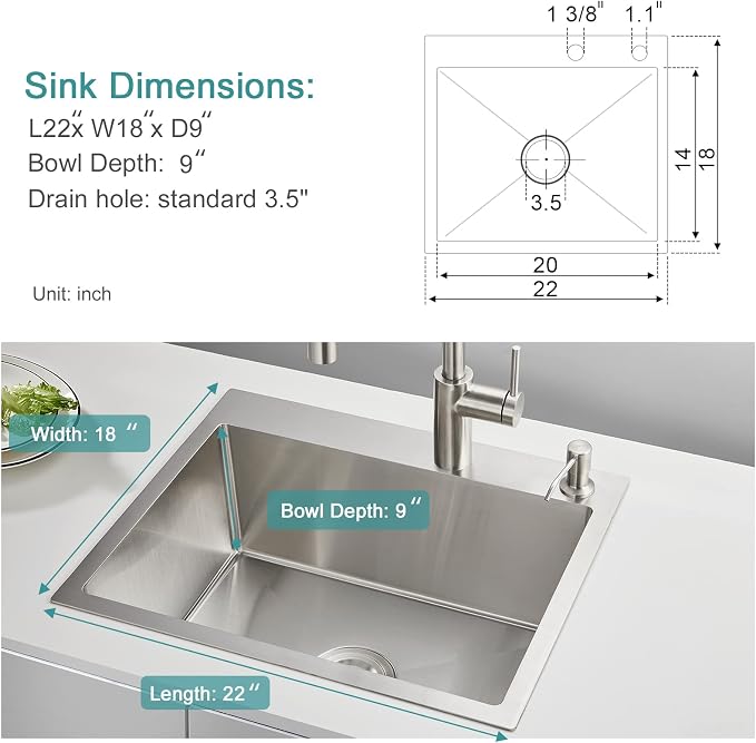 Brushed Topmount Kitchen Sink - 22”×18” Single Bowl Sink | 9 Inch Deep Handmade Bar Sink with Strainer, Stainless Steel 304, Center Drain, X-Groove Drainage, Sound-Dampening Pad