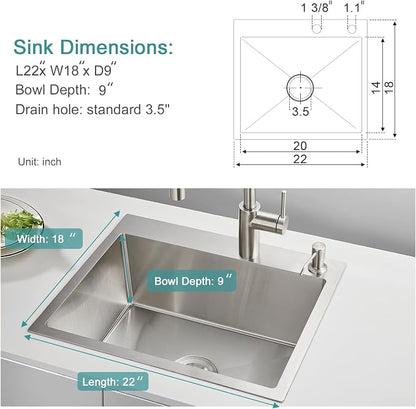 Brushed Topmount Kitchen Sink - 22”×18” Single Bowl Sink | 9 Inch Deep Handmade Bar Sink with Strainer, Stainless Steel 304, Center Drain, X-Groove Drainage, Sound-Dampening Pad