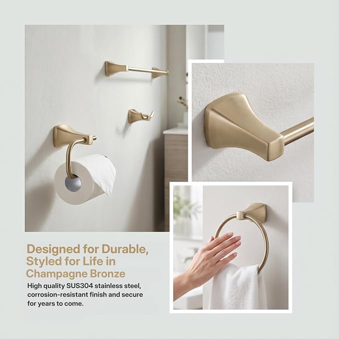 4 Piece Gold Bathroom Hardware Set - Brushed Gold Bathroom Accessories, 23.6 Inch Towel Bar | Towel Hook | Toilet Paper Holder | Hand Towel Holder (Dark Champagne Bronze)
