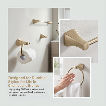 4 Piece Gold Bathroom Hardware Set - Brushed Gold Bathroom Accessories, 23.6 Inch Towel Bar | Towel Hook | Toilet Paper Holder | Hand Towel Holder (Dark Champagne Bronze)