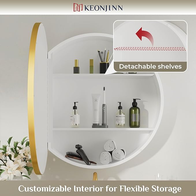 Keonjinn 20x20 Inch Round Gold Medicine Cabinet Mirror for Bathroom, Gold Surface Mount Medicine Cabinet with Mirror, Circular Framed Mirrored Medicine Cabinets, Modern Cabinet with Vanity Mirrors