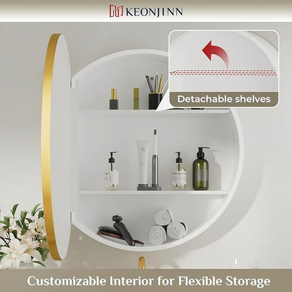 Keonjinn 24 x 24 Inch Round Medicine Cabinets for Bathroom, Gold Mirror Medicine Cabinet Wall Mounted, Modern Medicine Cabinet Surface Mount Only, Circle Framed Vanity Mirror with Storage