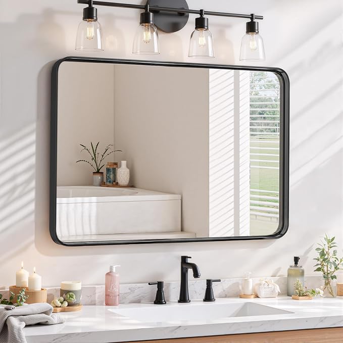 Bathroom Mirror 36x24 Inch Black Metal Frame Rectangle Vanity Mirror | Modern Wall Mounted Anti-Rust Mirror with Rounded Corners for Farmhouse, Restroom, Entryway, Horizontal or Vertical Hanging