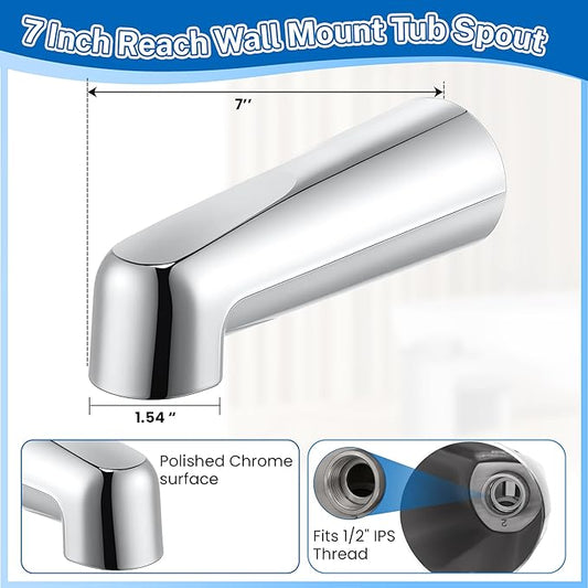 Dreyoo 7 Inch Bathroom Tub Spout Compatible with Westbrass E531D-1F-62, Fits Wall Front Mount Tub Spout Without Shower Diverter 1/2'' IPS Inside Thread Bathtub Faucet (Chrome)