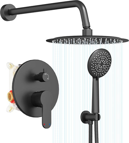 Gabrylly Black Shower System, Pressure Balance Shower Faucet Set, 12" Stainless Steel Rain Shower head with 5-Mode Handheld Shower Spray Combo,High Pressure Rainfall Shower Head Set, Matte Black