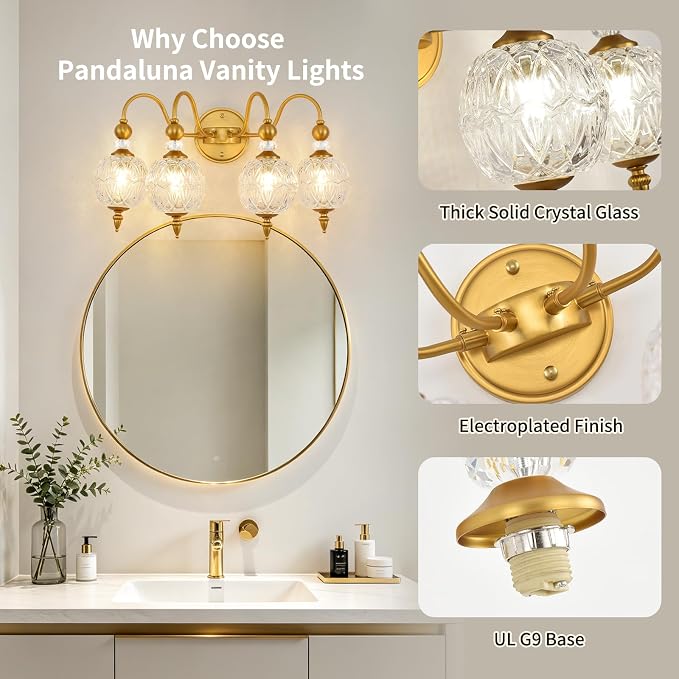 Vintage 4-Light Bathroom Vanity Light Over Mirror, Matte Brass | 22in Wide Farmhouse Bathroom Decor, Ribbed Glass Shades, G9 base, Wall Mounted, Mid Century Wall Sconces Vanity Lighting