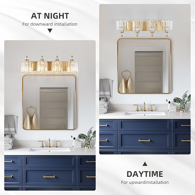 4-Light Modern Vanity Lights Brushed Brass Bathroom Light Fixtures Over Mirror Gold Bathroom Vanity Lighting with Crystal Shade E26 Base Wall Sconce for Bedroom Living Room Restroom Wall Lamp