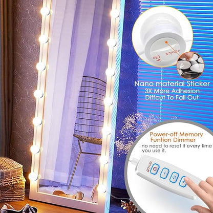 LED Vanity Mirror Lights,Hollywood Style,14 Bulbs Makeup Light | Stick On for Dresser Mirror,3 Color Lighting & Dimmable,Bright,No Drill,USB 5V,Power Off Memory,High CRI Shadow-Free