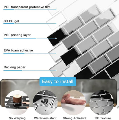 Art3d 10-Pack Subway Peel and Stick Backsplash, Black with Silver Grout | 12 x 12 Inch, Thickened Design, No Warping, Durable, Self-Adhesive, for Kitchen, Bedroom Decor, Ideal for New Home Buyers