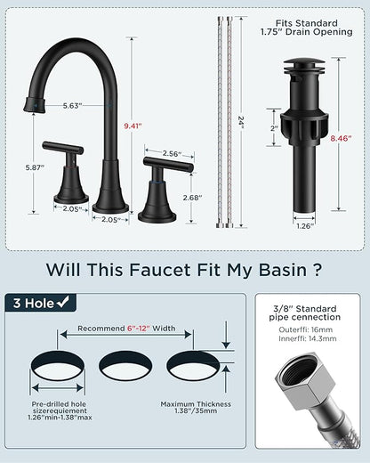 FORIOUS Black Bathroom Faucet 3 Hole Vanity, 2 Handle 360° Swivel Matte Black 8 Inch Widespread Bathroom Sink Faucet 3 Holes, with 360 Degree Rotating Spout, Pop-up Drain, Supply Lines