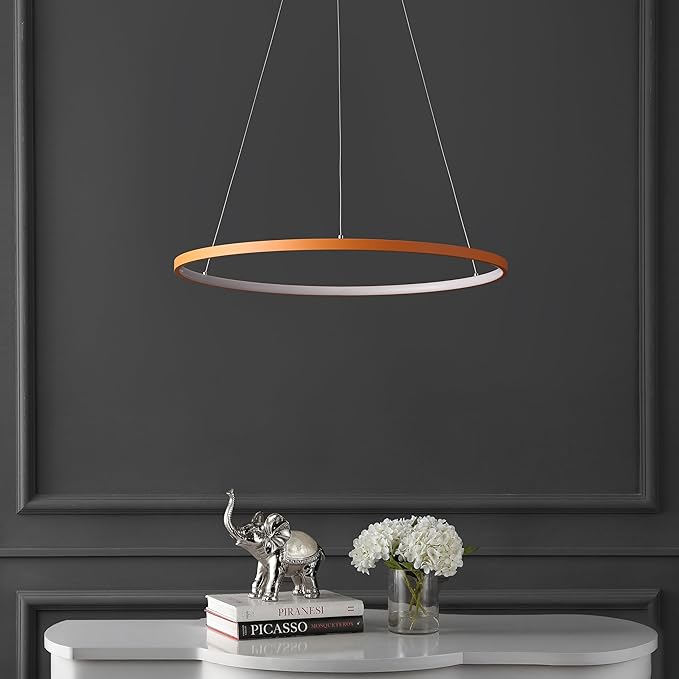 JONATHAN Y 23.75" Orange Modern Integrated LED Pendant Light, Dimmable Round Hoop Chandelier for Kitchen Island, Dining Room, Adjustable Height Metal Hanging Light (JYL7203G)