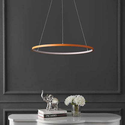 JONATHAN Y 23.75" Orange Modern Integrated LED Pendant Light, Dimmable Round Hoop Chandelier for Kitchen Island, Dining Room, Adjustable Height Metal Hanging Light (JYL7203G)
