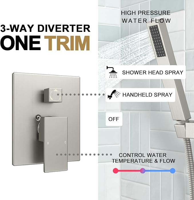 Lava Odoro Modern 2-Setting Square Shower System with Rain Shower Head and Handheld Spray Brushed Nickel, Rainfall Shower Faucet Set Brushed Nickel, Shower Valve and Trim Kit, SF103-BN