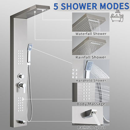 5-in-1 Shower Panel Tower System - Brushed Gray | 304 stainless steel Shower Panel Tower Column with Powerful Body Jets, Rainfall, Waterfall,Handheld and Tub Spout