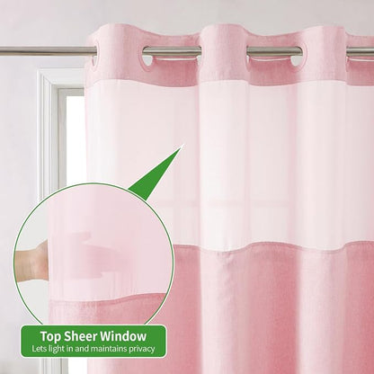 eachope No Hook Linen Texture Shower Curtain with Snap-in Liner,71x86 Pink | Extra Long,230GSM Thick Fabric,Hotel Luxury Decor,Mesh Top Window,Bottom Magnetic,Waterproof & Machine Washable,for Bathroom