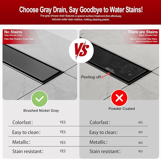 DLONE® Linear Shower Drain - 24 Inch Gun Gray, with Tile Insert Panel | AISI 304 Stainless Steel Linear Drain, Rectangle Shower Floor Drain, with Adjustable Feet, Fits Bathroom & Balcony etc