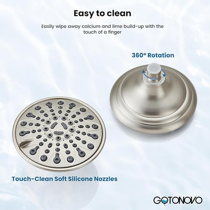 gotonovo Shower Faucet Set with Valve 6 Mode Rain Head Brushed Nickel | Bathroom Shower Head and Handle Set Complete Combo,6 Mode Multi 6’’ ABS Rainfall Showerhead,Brass Valve Trim Kit,Wall Mount