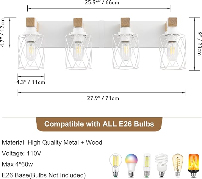 Farmhouse 4-Light Wood Bathroom Vanity Light, White Metal Cage Shade