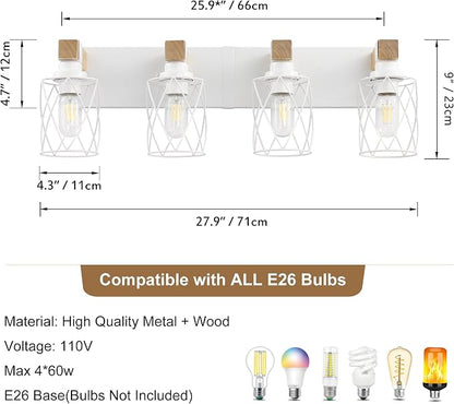 Farmhouse 4-Light Wood Bathroom Vanity Light, White Metal Cage Shade