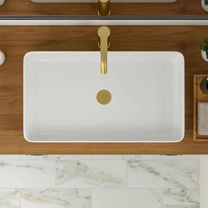 Logmey 24" Bathroom Sink Dorp in 24x14 Large White Vessel Sink for Bathroom Porcelain Rectangule Ceramic Modern Countertop Above Counter Bathroom Vanity Sink Art Basin