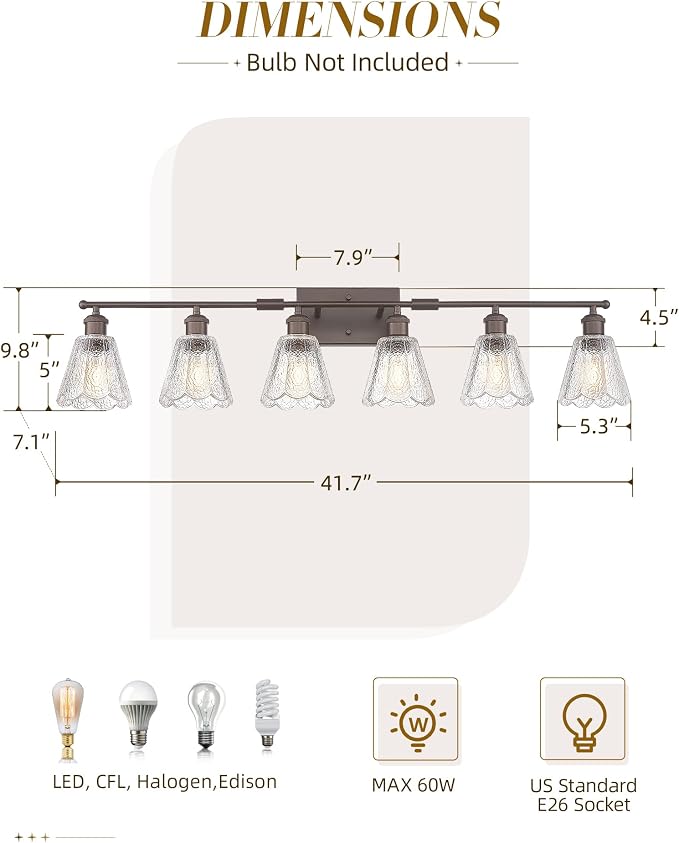 HWH Farmhouse Vanity Light Fixture, Rustic Bathroom Light Fixtures for Bedroom, 6-Light Wall Sconces Lights with Clear Floral Glass, Oil-Rubbed Bronze Finish, 5HJX110B-6W ORB