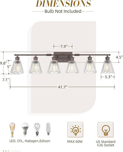 HWH Farmhouse Vanity Light Fixture, Rustic Bathroom Light Fixtures for Bedroom, 6-Light Wall Sconces Lights with Clear Floral Glass, Oil-Rubbed Bronze Finish, 5HJX110B-6W ORB