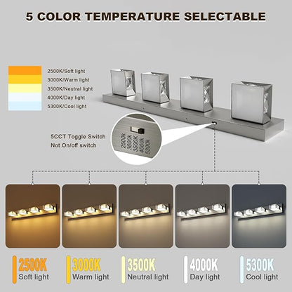 Joossnwell Brushed Nickel Bathroom Lights Fixtures Over Mirror (4-Light, 28-Inch) Crystal Vanity Light 5CCT Dimmable Modern Led Bathroom Lighting with 350°Rotatable Head