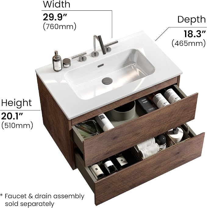 30" Bathroom Vanity with Sink, Modern Floating Vanity with Two Soft-Close Drawers, Large Storage for Small Space, Walnut, Fully Assembled - Iris Collection